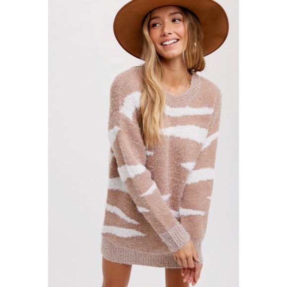 SOLD OUT Coco Fuzzy Zebra Tunic Pullover Knit Sweater Winter Fall Women's Casual - Picture 4 of 9